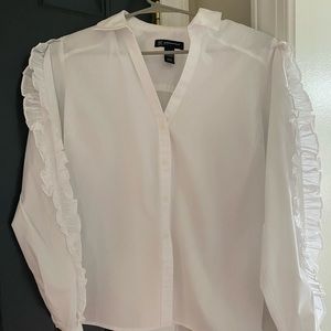 INC women’s white button shirt with ruffle sleeves